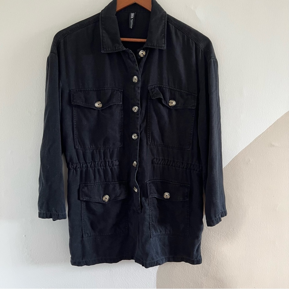 Black Utility Button Shirt Jacket